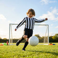 Kids' football kit with striped long sleeve shirt, shorts, and knee-high socks