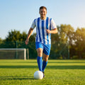 Men's striped football kit with shirt, shorts, and socks