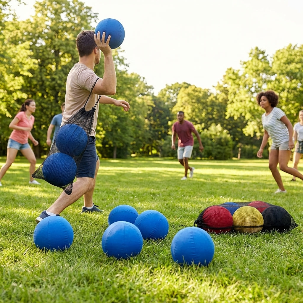 7in cloth dodgeball in red, blue, and yellow/black, perfect for indoor sports