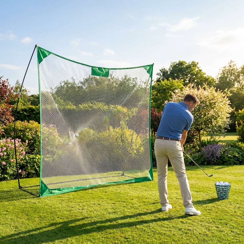 Pop-Up Golf Net for practice, available in two sizes, made from durable polyester.