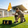 Football corner poles with fluro yellow/orange flags