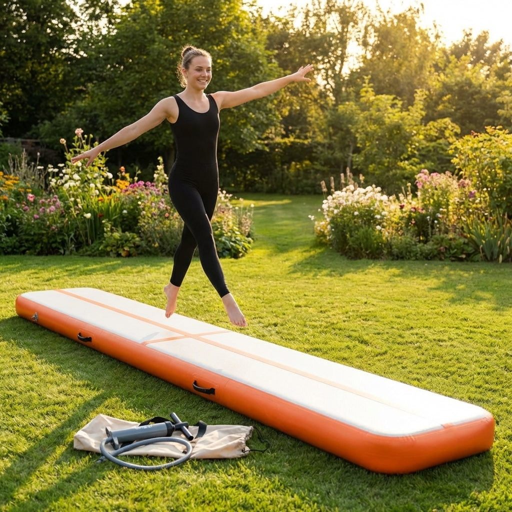 Inflatable gymnastics mat available in various sizes, made from durable PVC