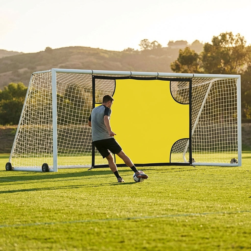 Football goal target sheet with bright yellow banding for training