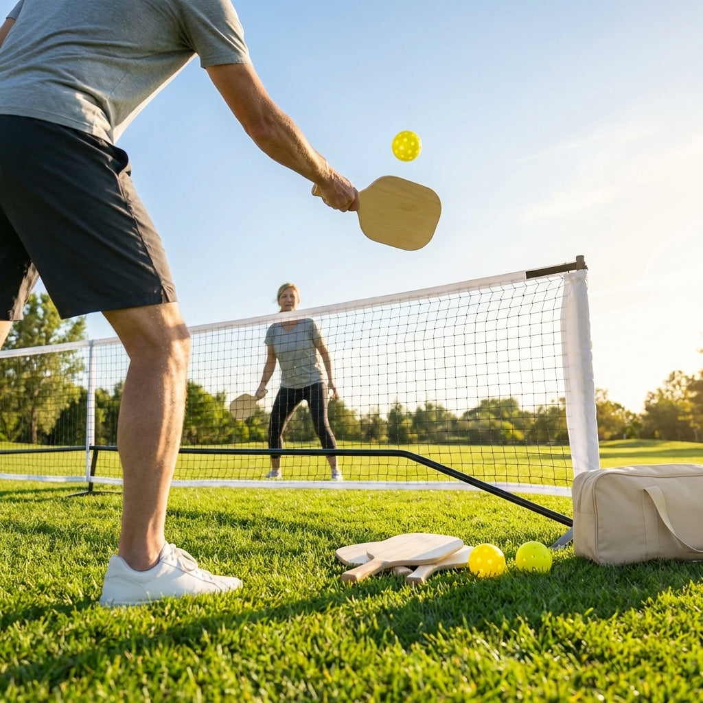 Pickleball set with paddles, balls, and portable net