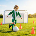 Kids' football kit with striped long sleeve shirt, shorts, and knee-high socks