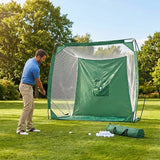 Pop-Up Golf Net for practice, available in two sizes, made from durable polyester.