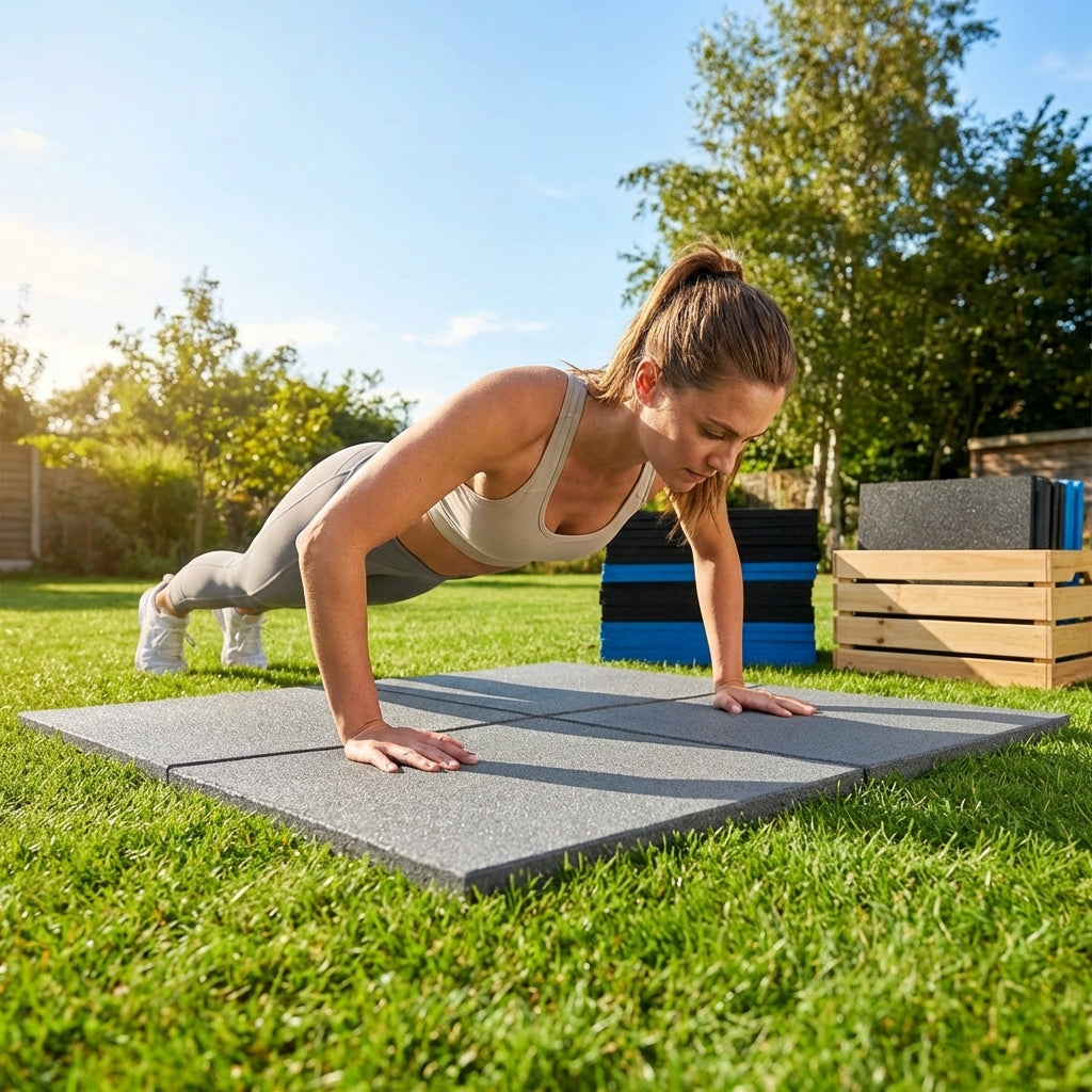 Rubber gym flooring mats, 50cm x 50cm, recycled rubber