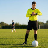 Football referee kit with fluro yellow or black shirt, shorts, and socks