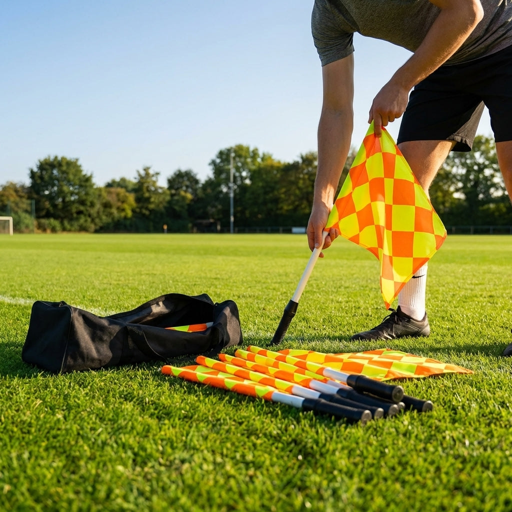 Spring-loaded football corner flags in various colours with weatherproof PVC poles