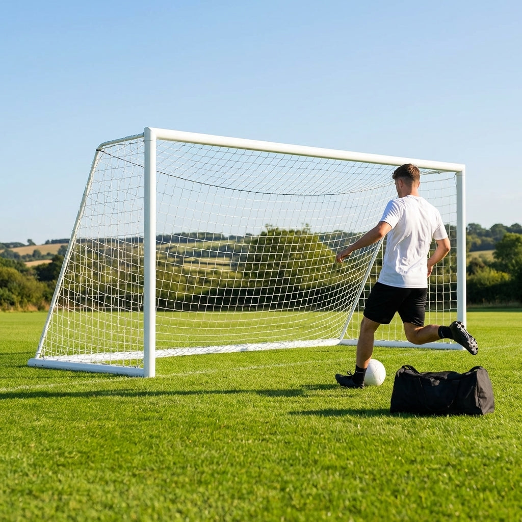 Freestanding stadium football goal with aluminium frame and box net