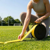 Elastic line marking tape in white, yellow, and blue for sports pitches