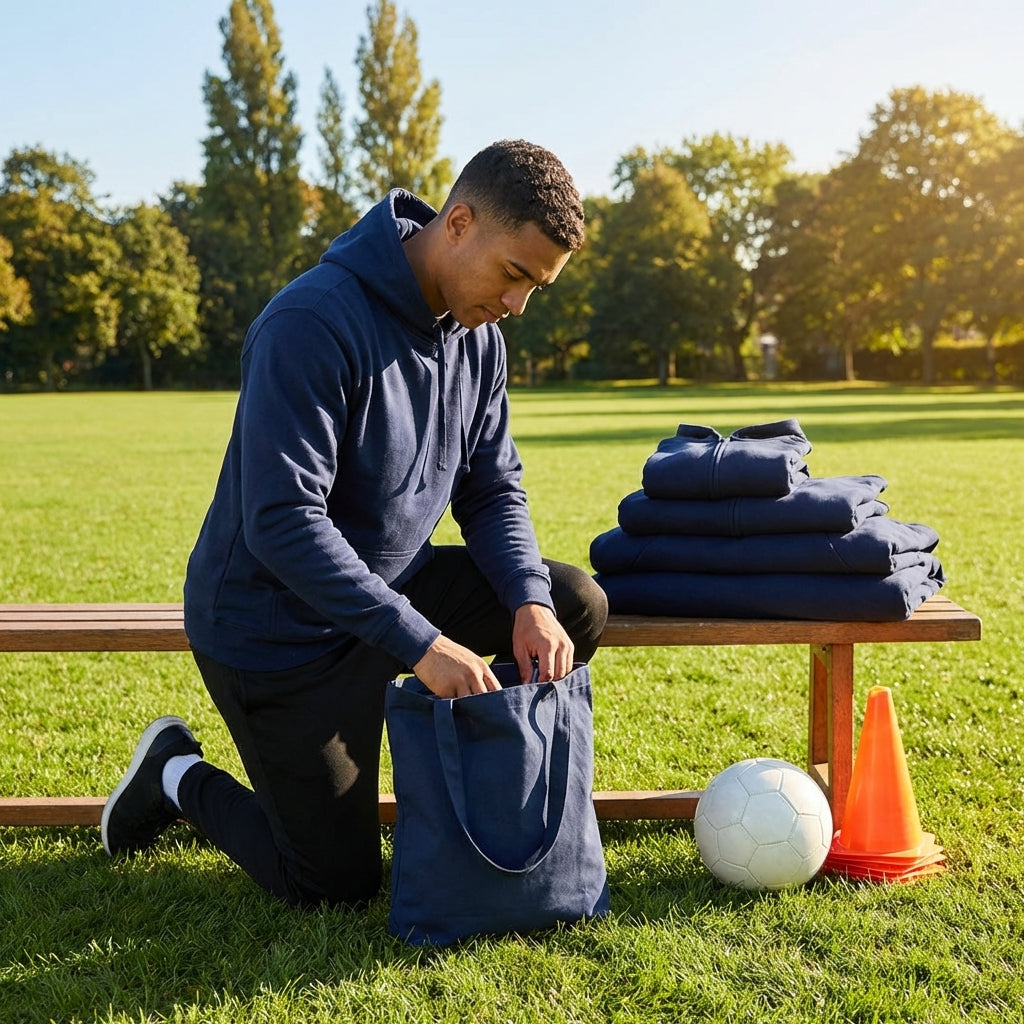 Navy cotton hoodie in sizes XS to XXL, featuring adjustable hood and kangaroo pocket