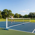 Portable pickleball net with steel frame and polyester netting