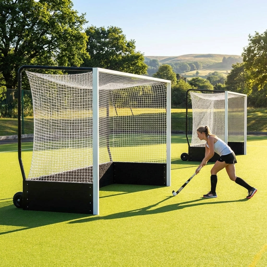 Aluminium hockey goal with HDPE net, 12ft x 7ft, for tournament use