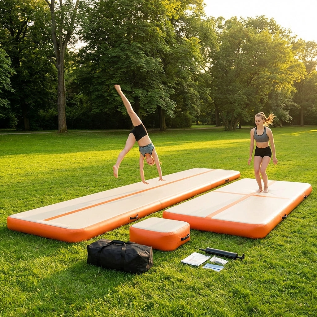 Inflatable gymnastics mat set including mat, beam, and block in use