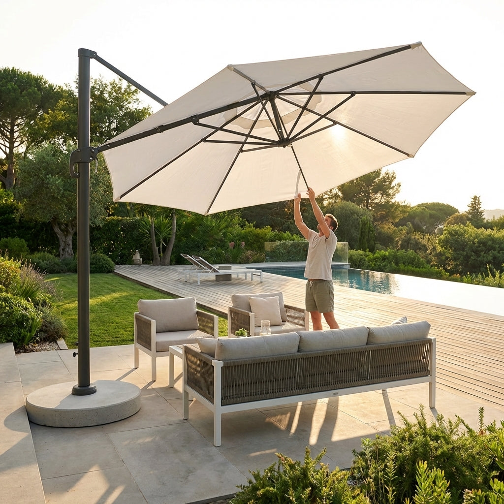 Double-sided garden parasol providing outdoor shade with steel frame