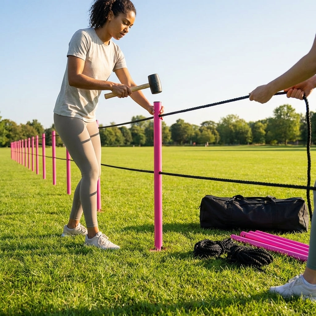 Football crowd control barrier with PVC poles for outdoor use
