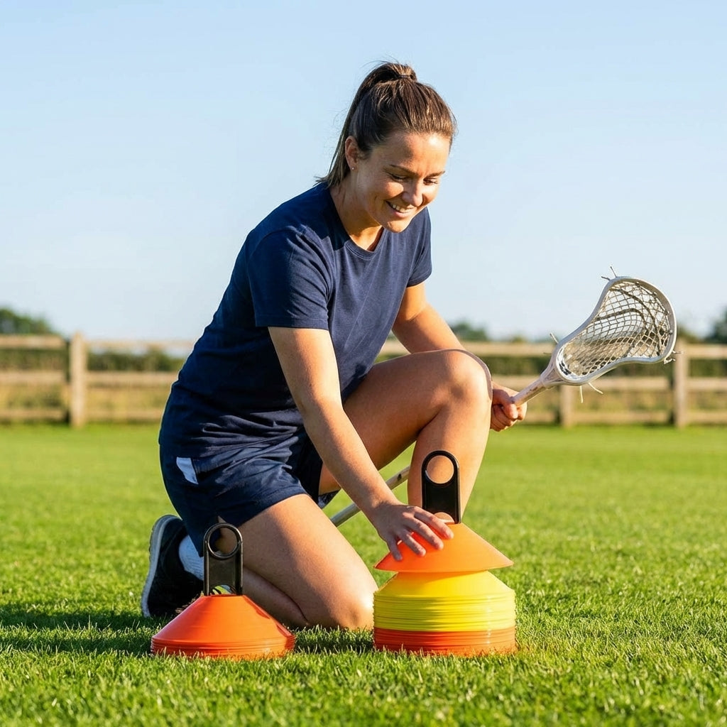 Lacrosse training marker cones in various vibrant colours