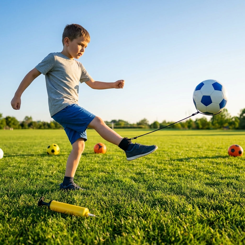 Football kick trainer with adjustable neoprene belt and training ball