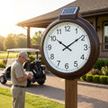 Customisable outdoor clock with black frame for golf clubhouses