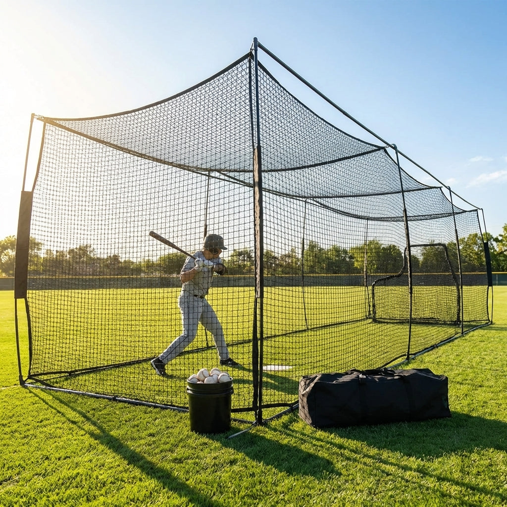 Black baseball batting cage nets made from HDPP twine for indoor and outdoor use