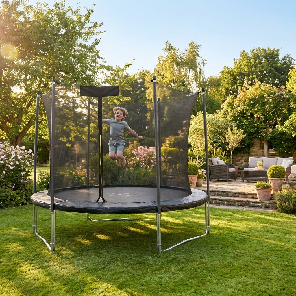 Garden trampoline with enclosure net, ideal for outdoor fun