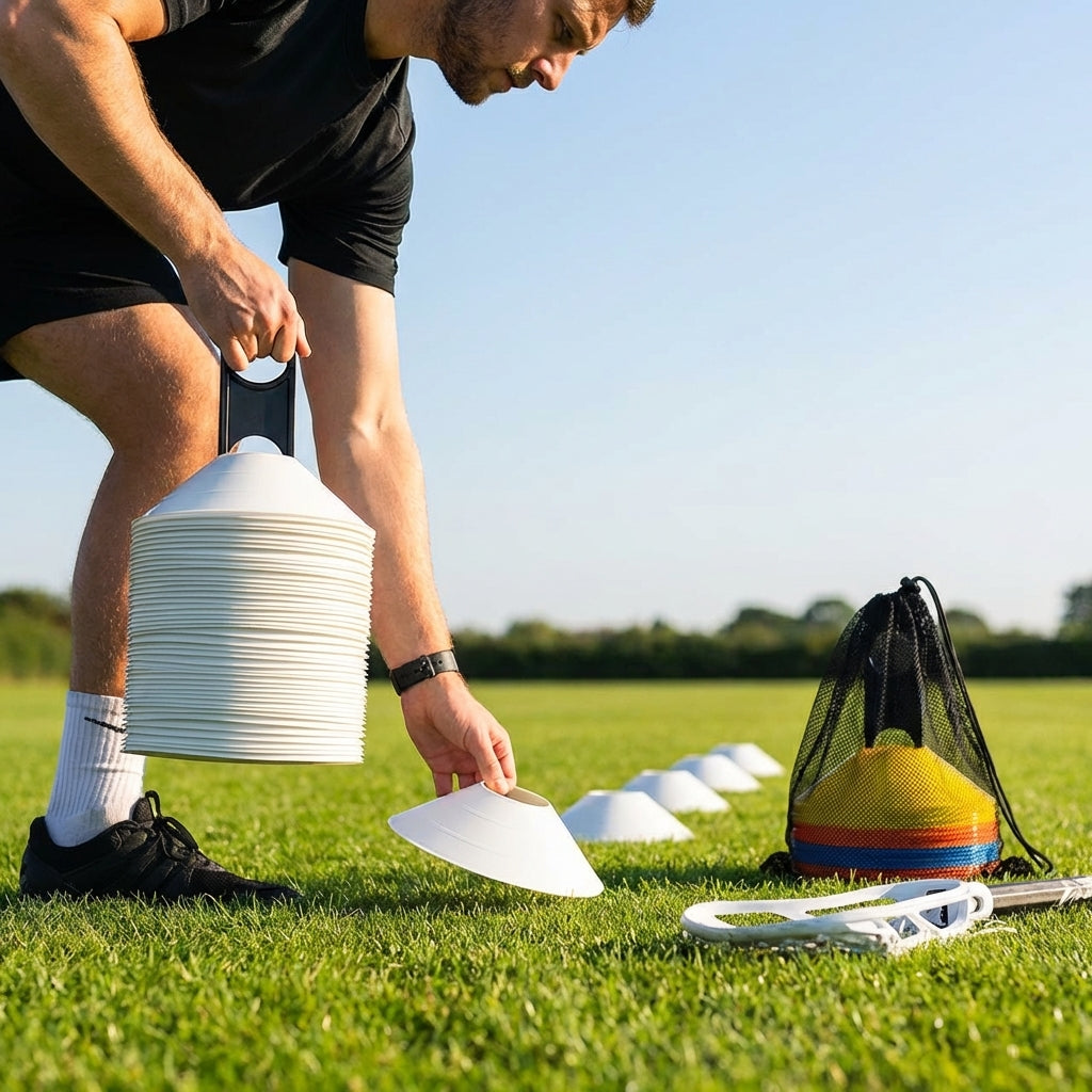 Lacrosse training marker cones in various vibrant colours