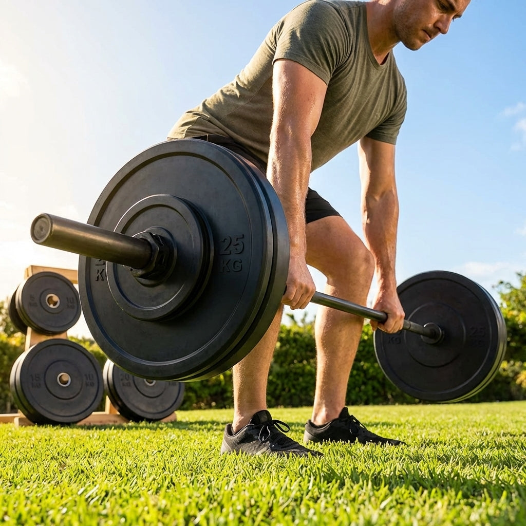 Black Olympic bumper plates made from Virgin rubber
