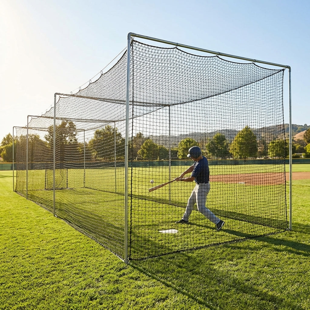 Black baseball batting cage nets made from HDPP twine for indoor and outdoor use