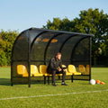 Fixed team shelter with aluminium frame and polycarbonate panels for sports
