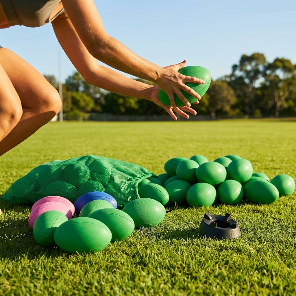 Mini Rugby Balls in Size 2, perfect for junior training, available in Blue, Green, and Pink