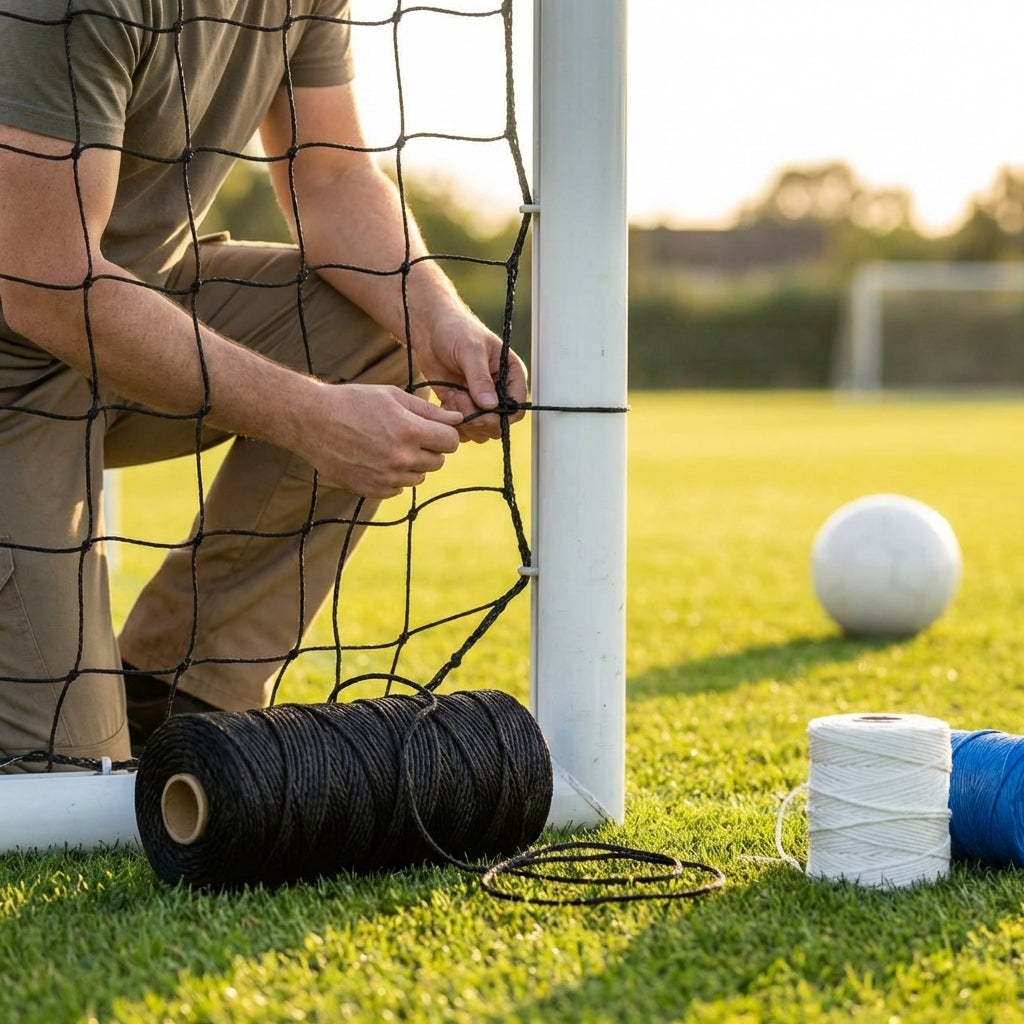 Net tie twine in black, white, and blue for outdoor sports net repair