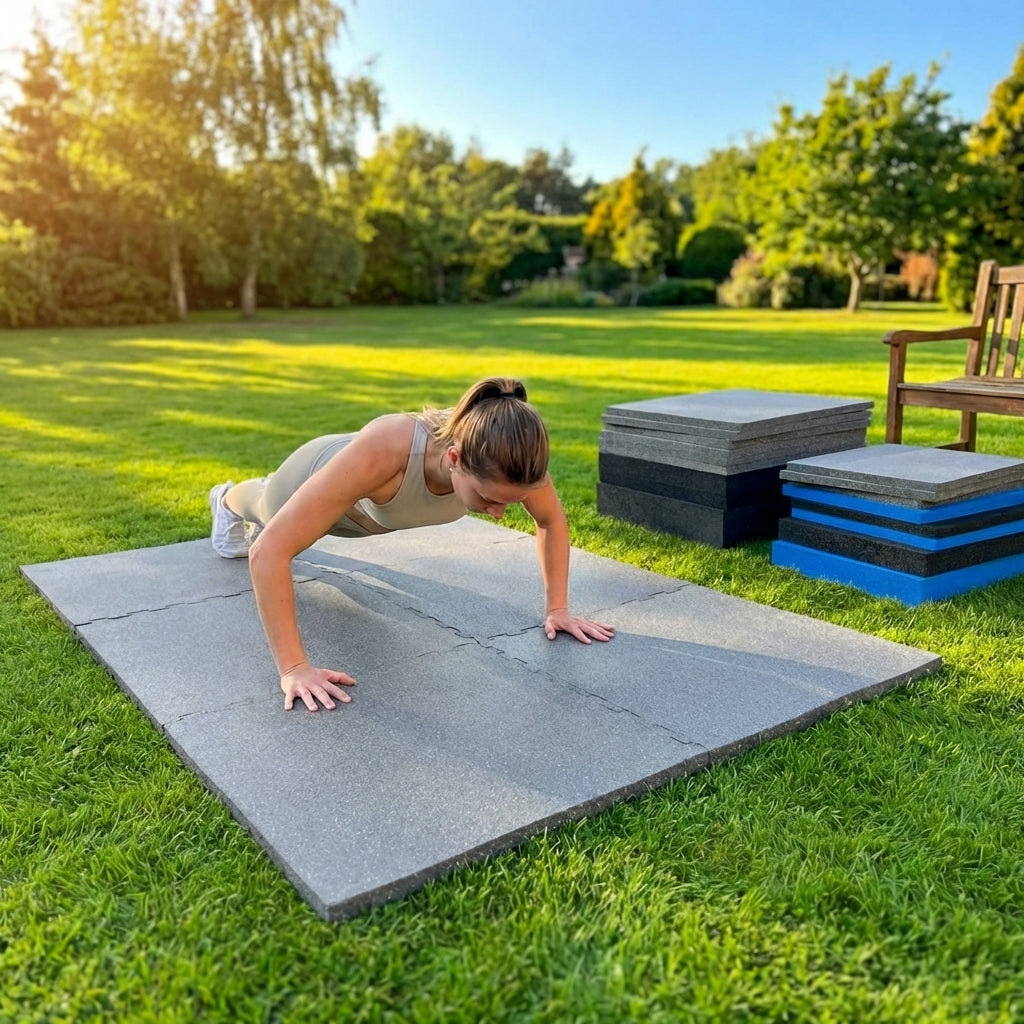 Rubber gym flooring mats, 50cm x 50cm, recycled rubber