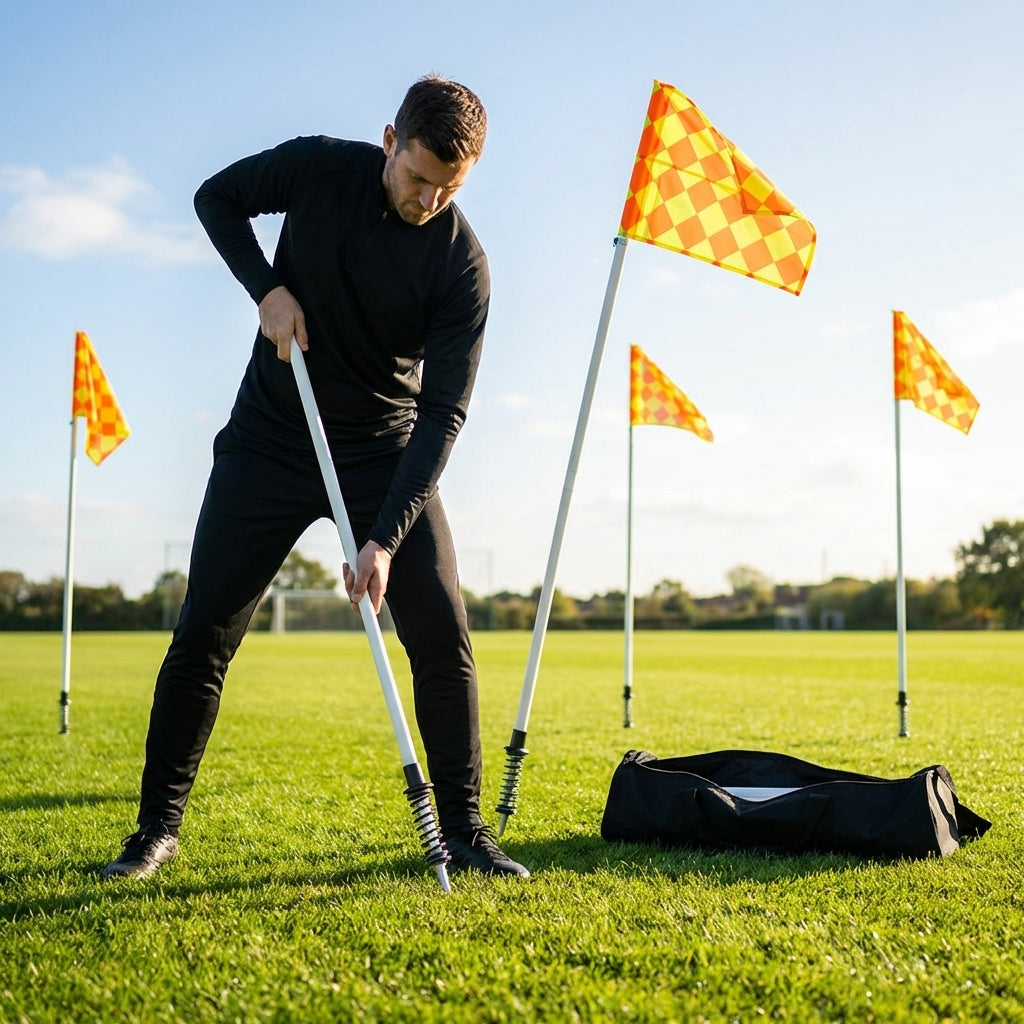 Spring-loaded football corner flags in various colours with weatherproof PVC poles