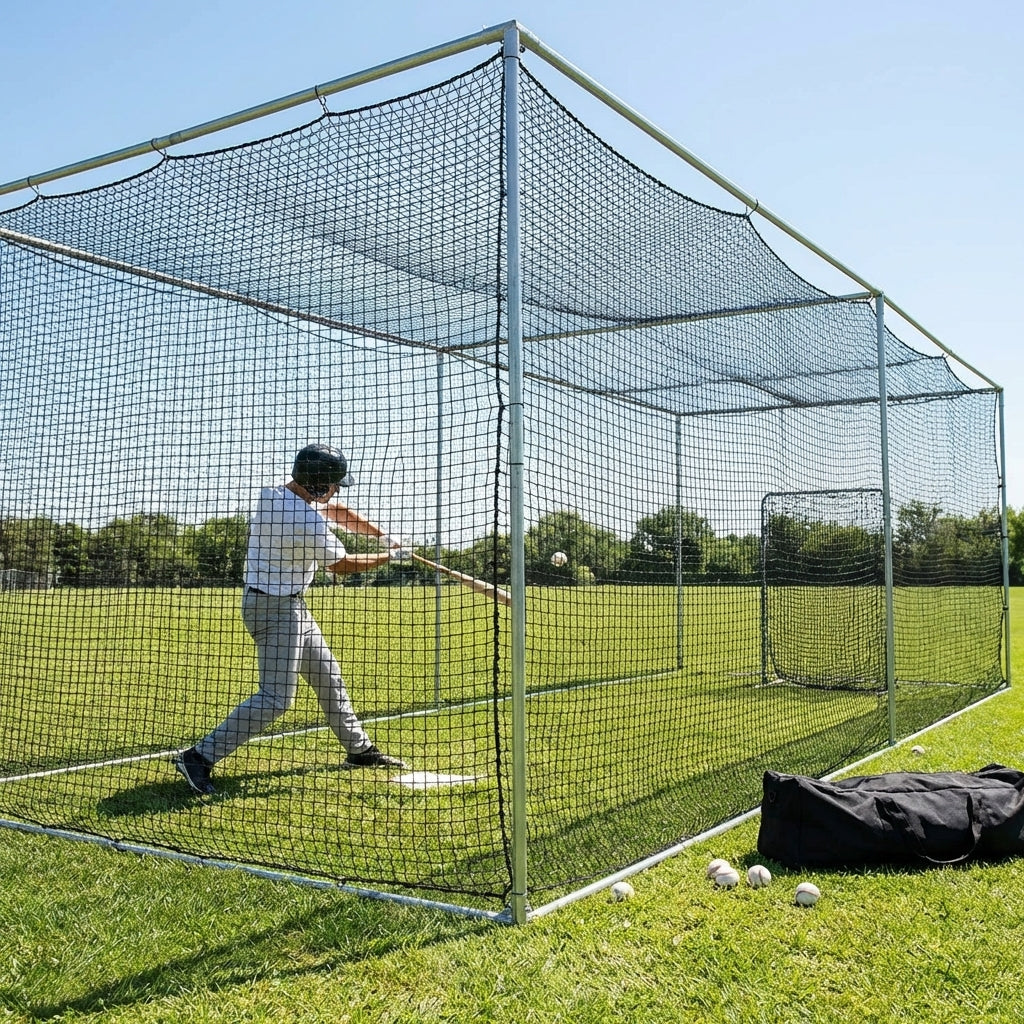 Black baseball batting cage nets made from HDPP twine for indoor and outdoor use