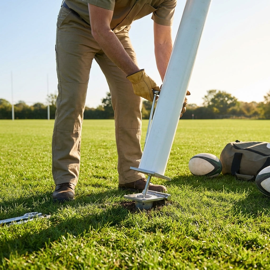 Hinged adapters for rugby posts in galvanised steel
