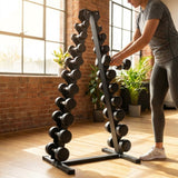 Dumbbell tree rack for home and gym, steel and rubber construction