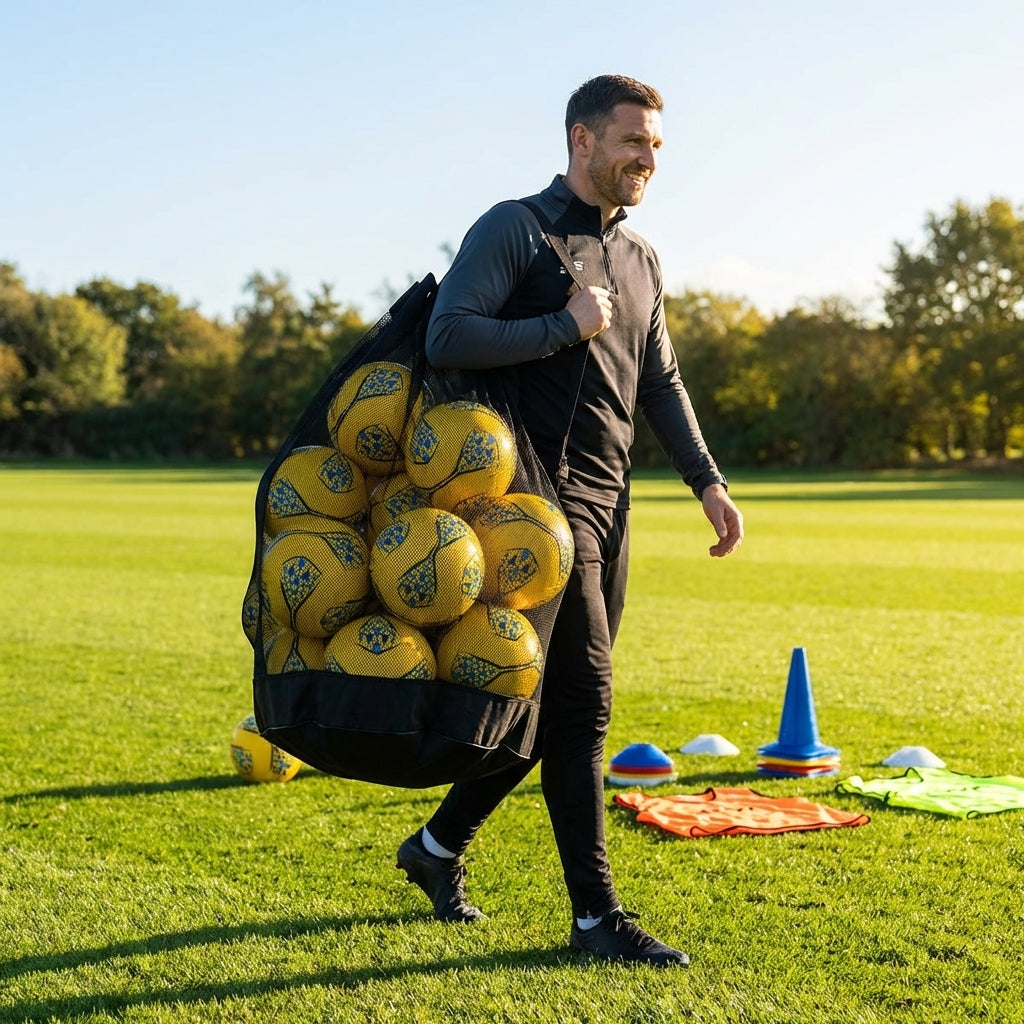 Football carry bag with 12 footballs, durable mesh