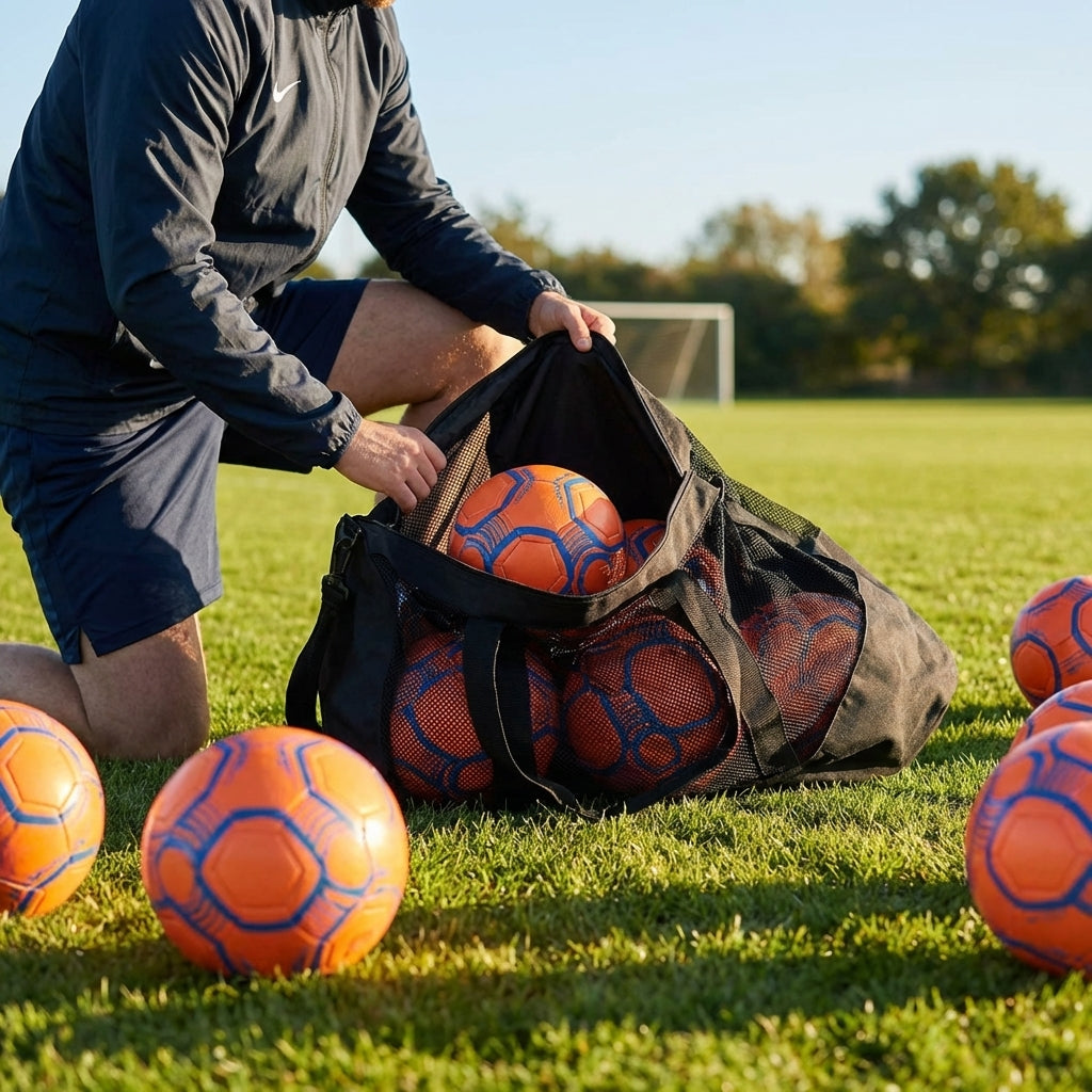 Football carry bag with 12 footballs, durable mesh