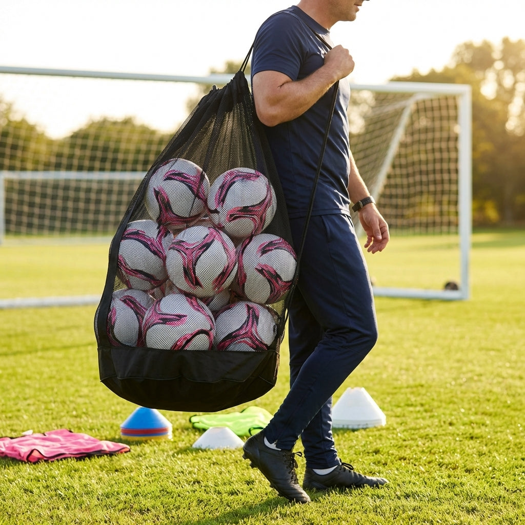 Football carry bag with 12 footballs, durable mesh