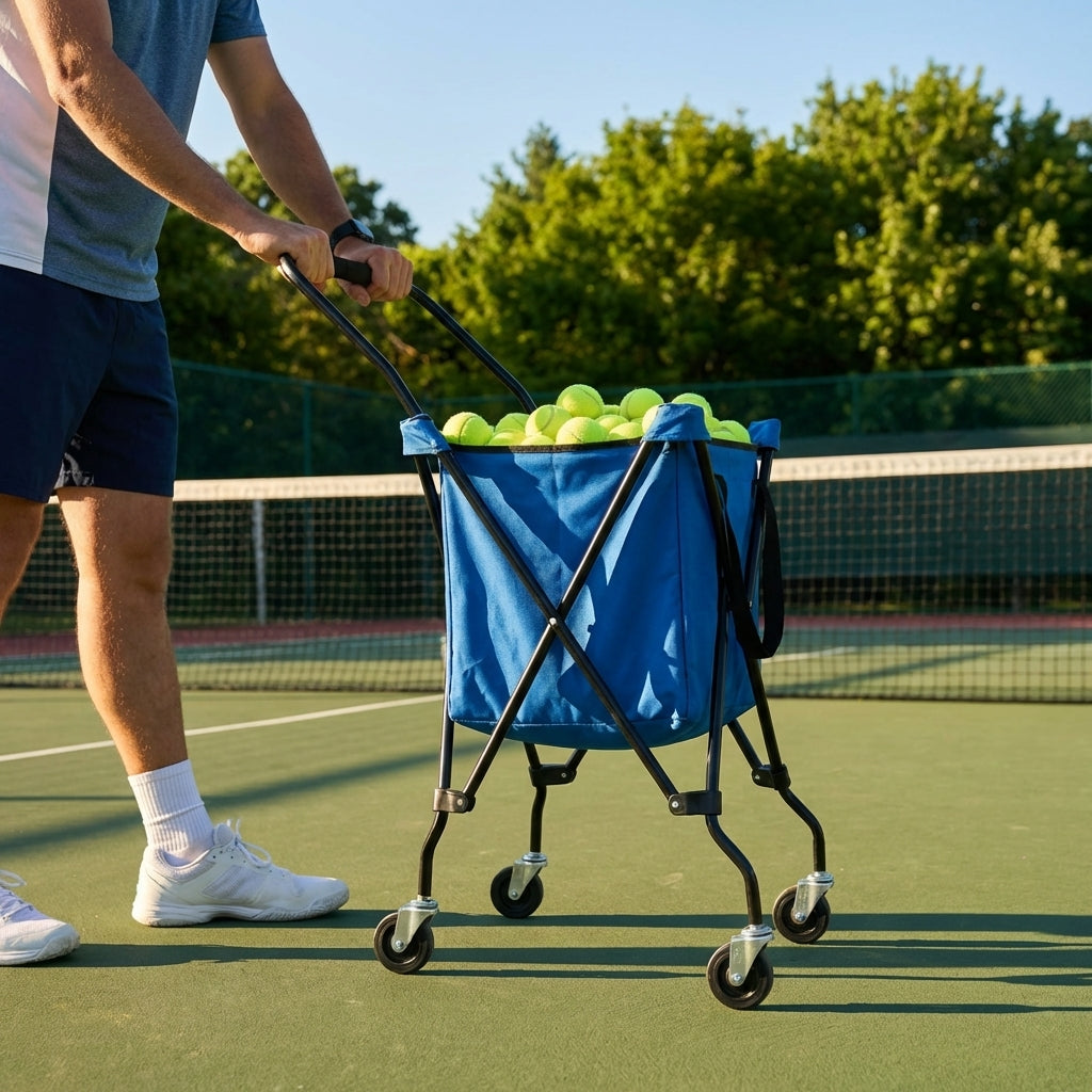 Portable rolling tennis ball basket with aluminium frame and carry bag
